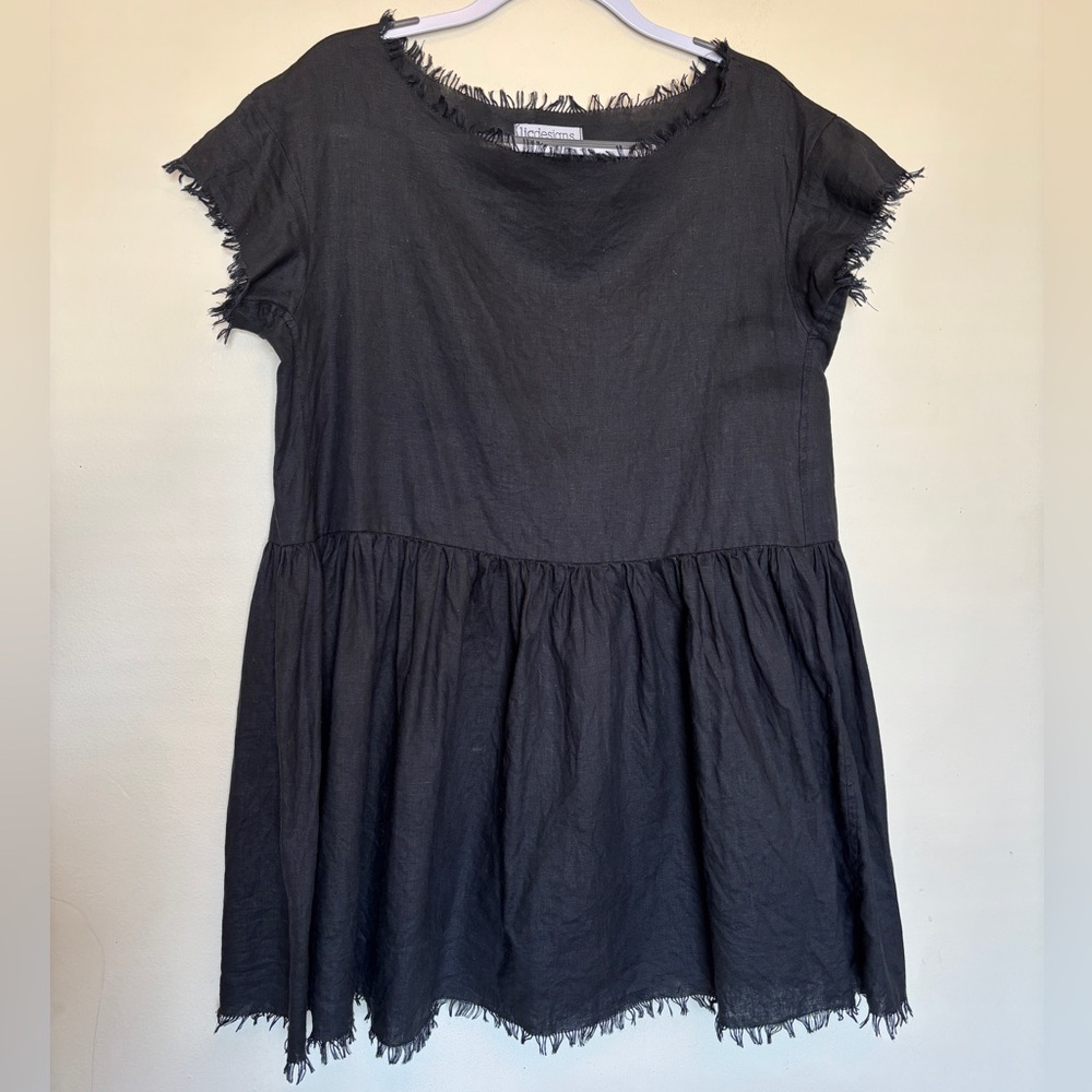 Handmade Ljc Designs Black Linen Dress Sz M/L Fringe Babydoll Mini Whimsygoth